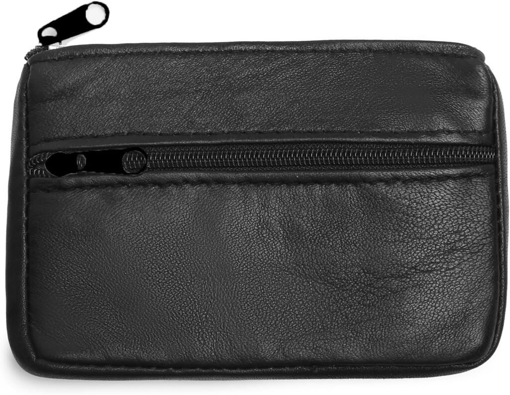 Coin Purse Pouch for Women, Genuine Leather Mini Cash Wallet with Keychain Ring Holder (Black)