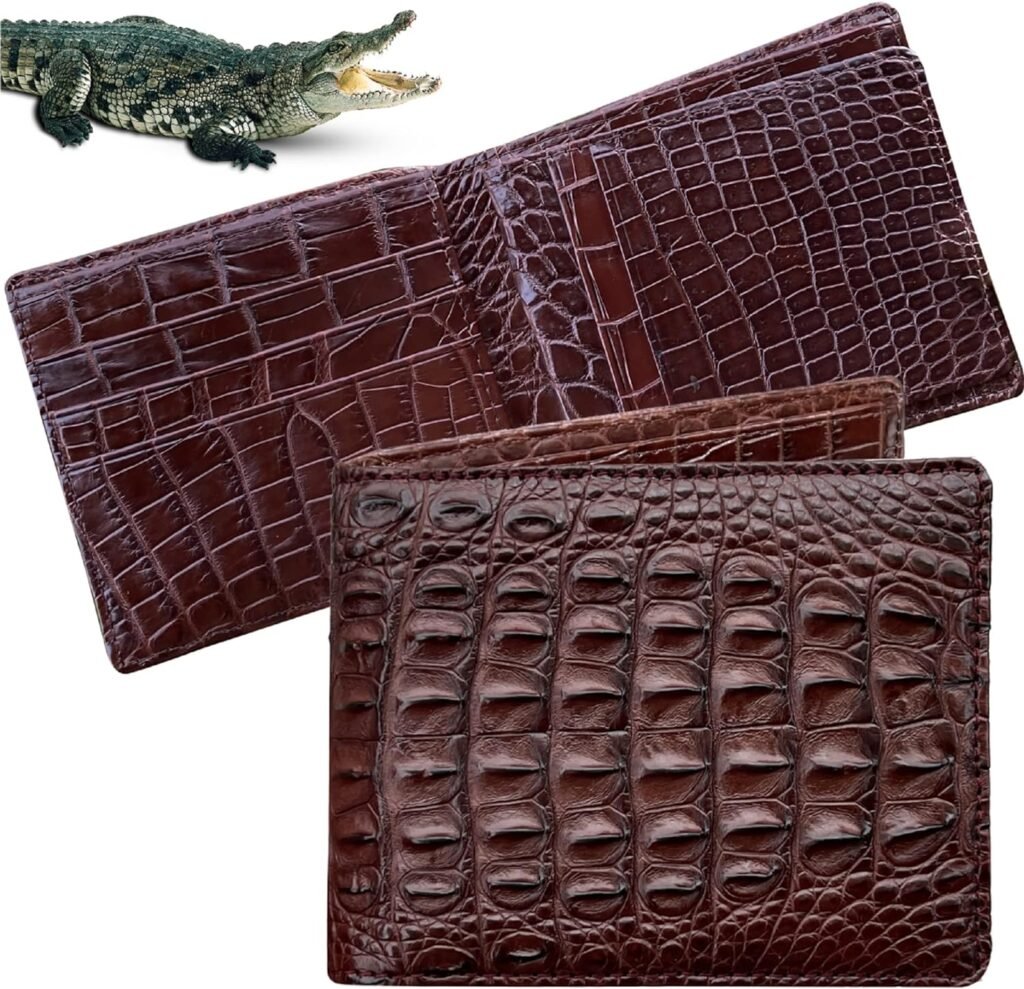 HATA Dark Brown Mens Alligator Leather Bifold Wallet Passcase Crocodile Hornback Extra Capacity Billfold Wallet RFID Blocking Double Side Handmade By Vietnamese VINAM-100