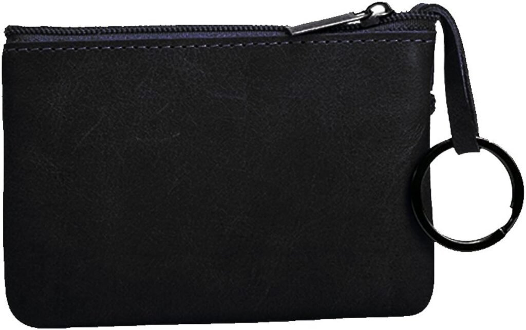 Black Small Leather Coin Purse Change Pouch for Women Men Kids with Zip Key Ring