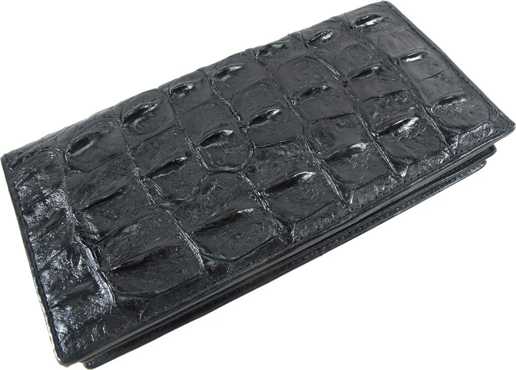 Genuine Crocodile Alligator Backbone Skin Leather Checkbook Long Wallet (Black)