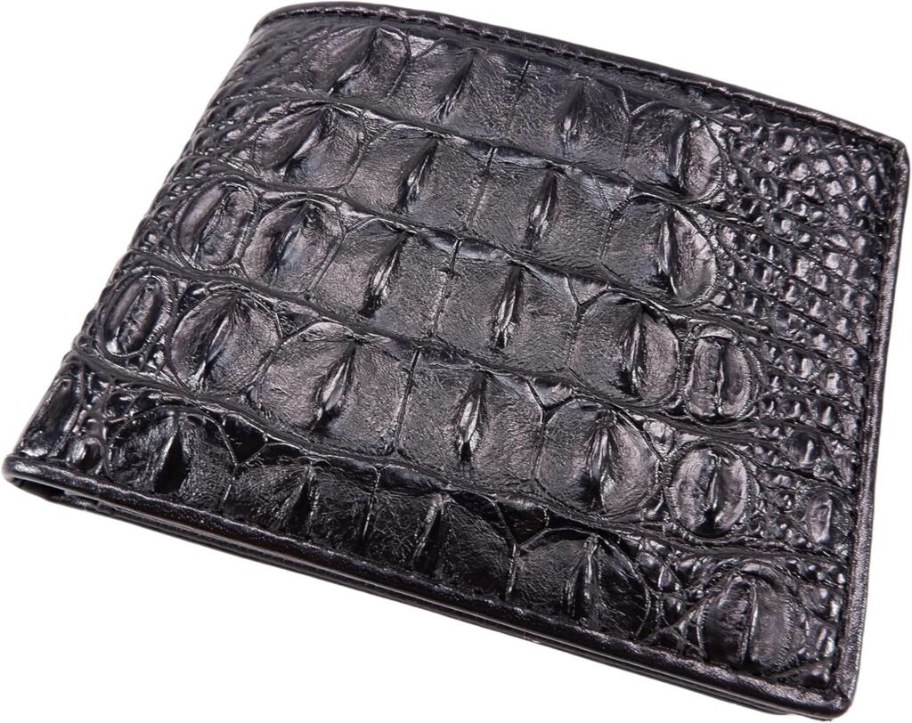 Genuine Crocodile Alligator Backbone Skin Leather Soft  Slim Bifold Wallet (Black, [A8] - 7 Card Slots + 1 ID Window + 2 Compartments for Bills)