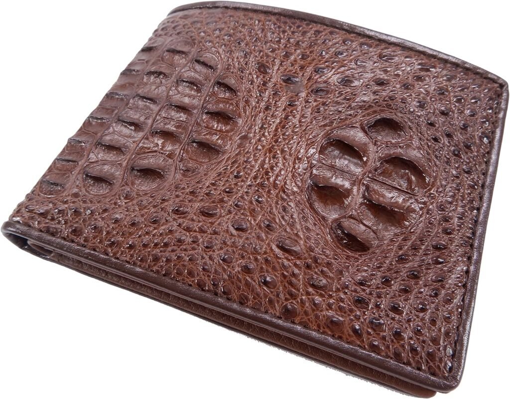 Pelgio Genuine Crocodile Alligator Full Hornback Skin Leather Soft Bifold Casual Wallet ([C13] - 4 Card Slots + 1 ID Window + 2 Compartments for Bills, Mahogany Brown)