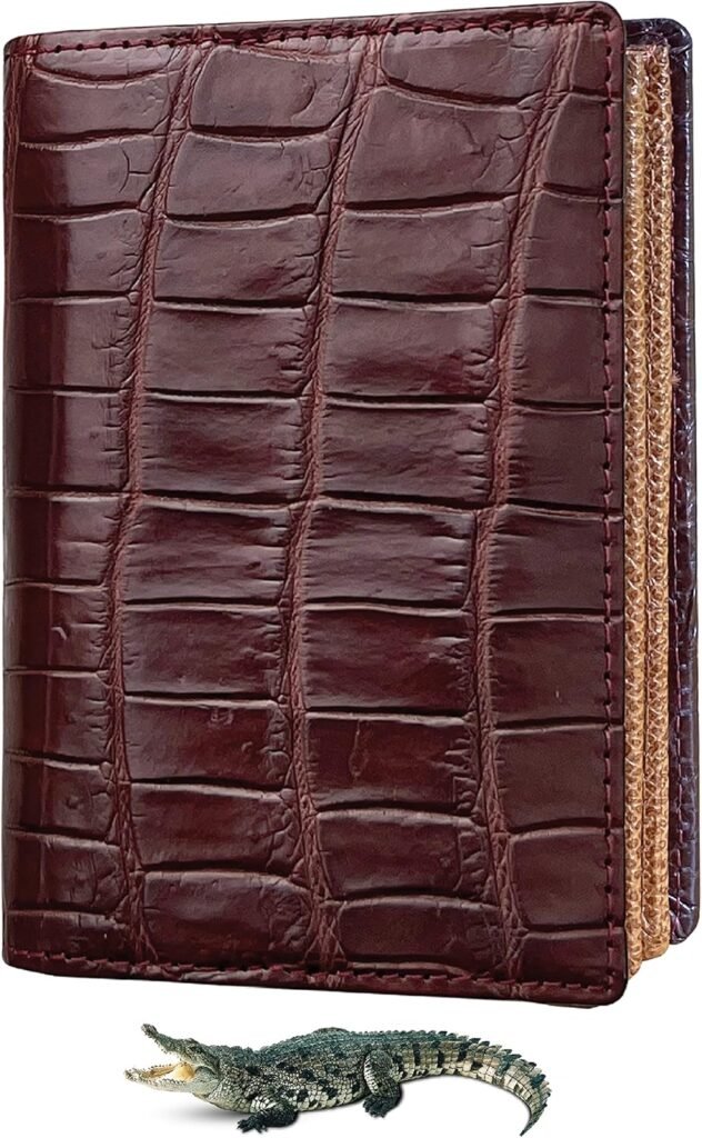 Dark Brown Mens Vertical Bifold Wallet Large Capacity Alligator Leather Credit Card Holder with 13 Card Slots Expandable Crocodile Flip Out ID Window RFID Blocking Premium DUN36