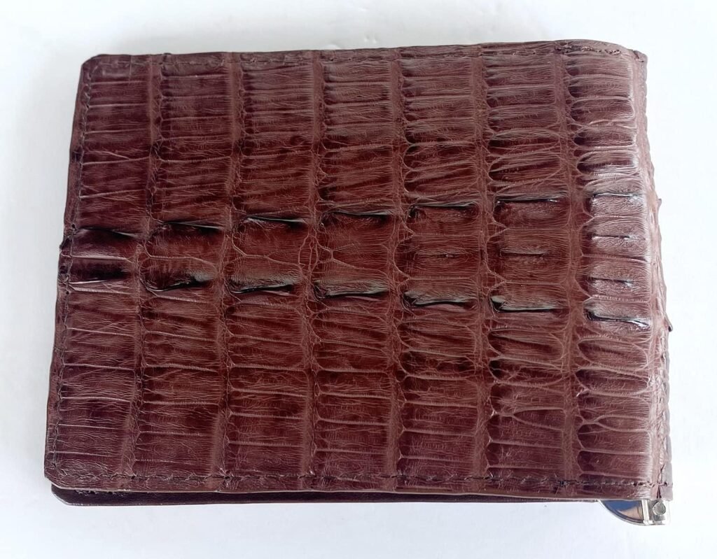 Julie Genuine Real Tail Crocodile Alligator Skin Leather Banknote Clip Dark Brown Wallet, Width : 11.5 cm. Height : 9.5 cm. Depth : 1.5 cm.